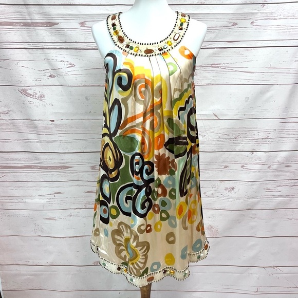 Vintage Sue Wong Retro Mod Abstract Silk Beaded Swing Cocktail Formal Dress - Picture 2 of 12